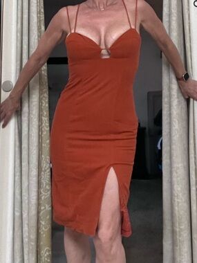 Rust Orange Spaghetti Strap Linen Midi Dress with Front Slit